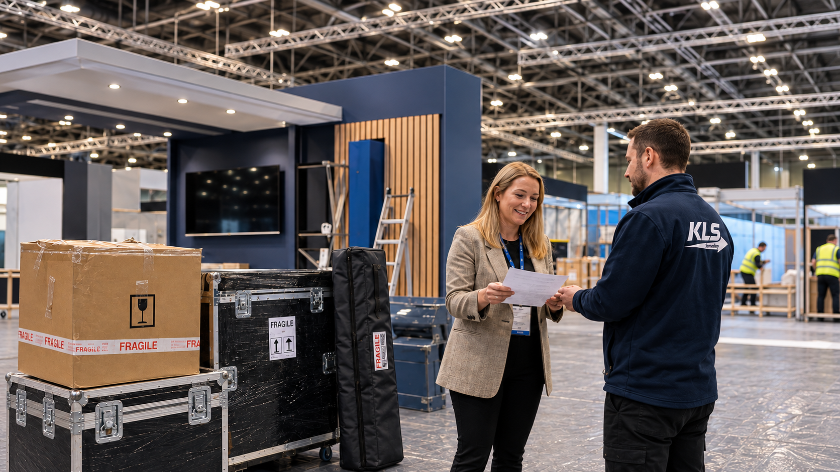 KLS courier completing an exhibition delivery handover