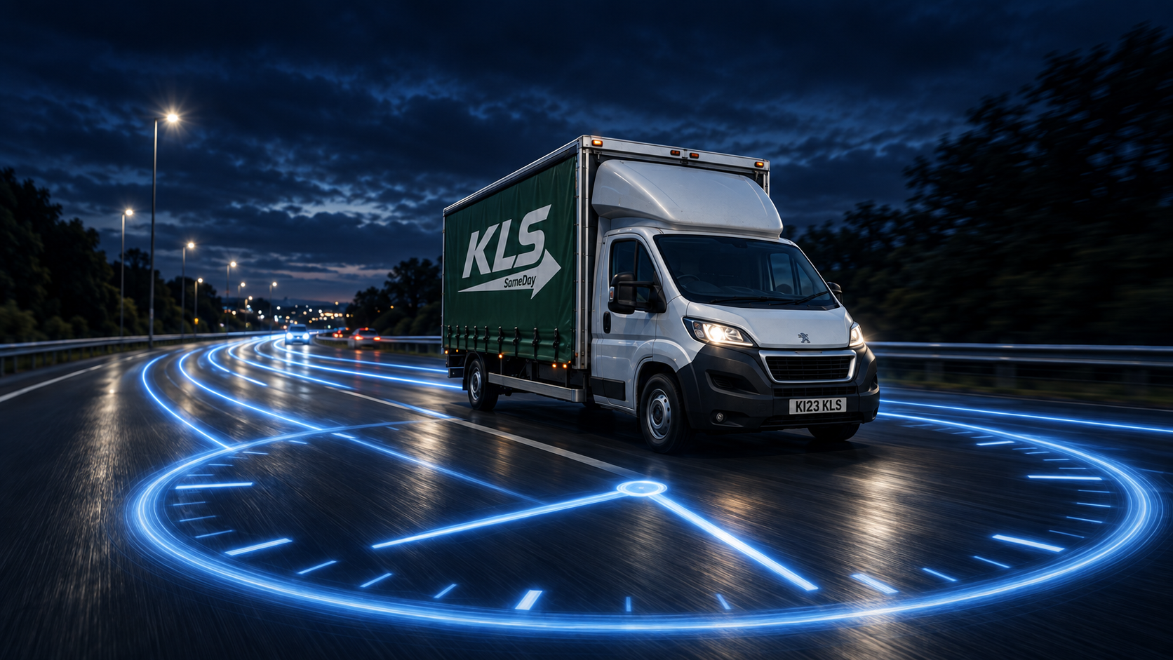 KLS SameDay curtainsider travelling on a motorway at night